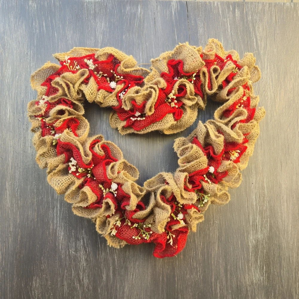 Handmade Rustic Heart-Shaped Burlap and Red Wreath Valentine's Day Wall Hanger
